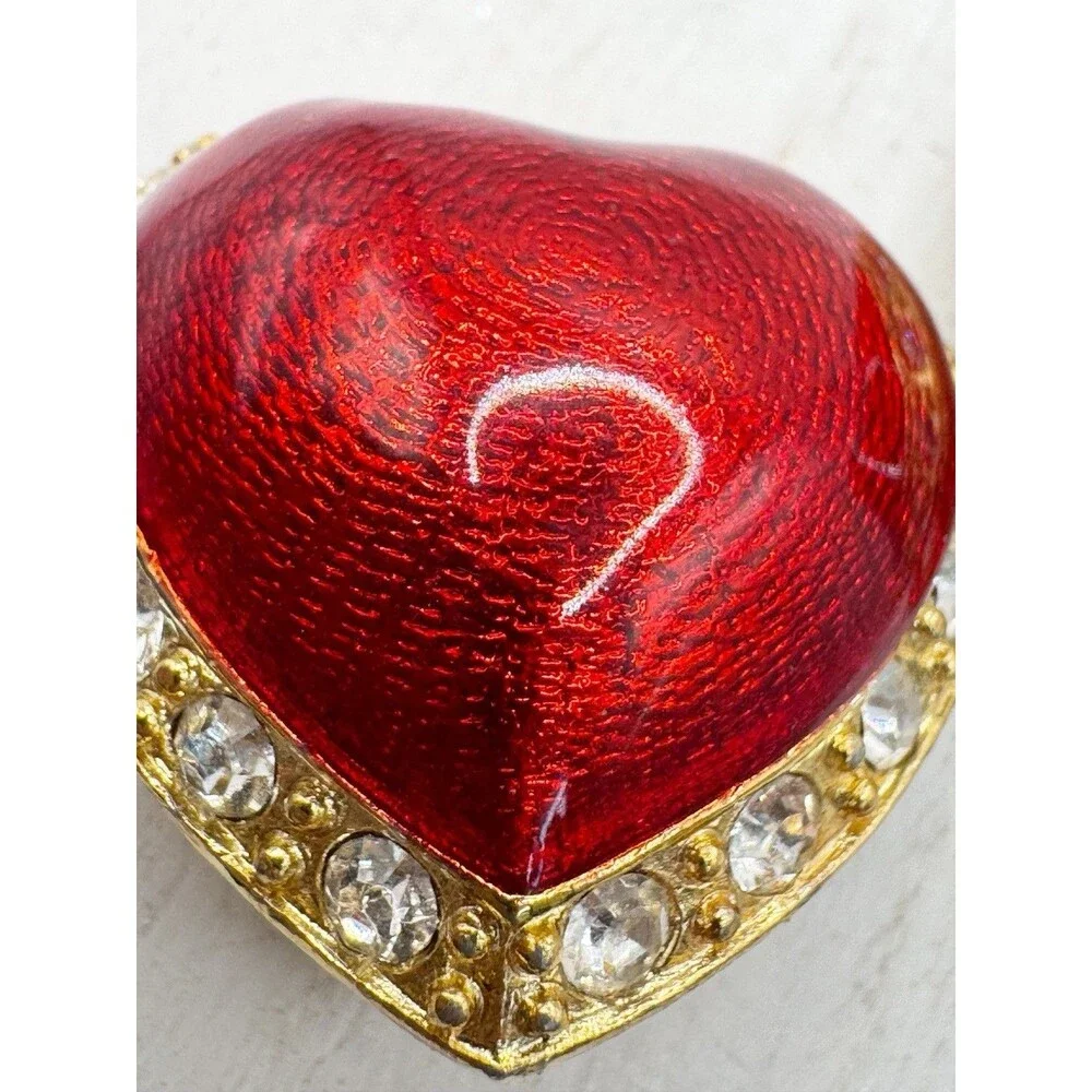 Vintage Victoria's Secret Red Enamel Puff Heart Clip on Earrings Rhinestone
